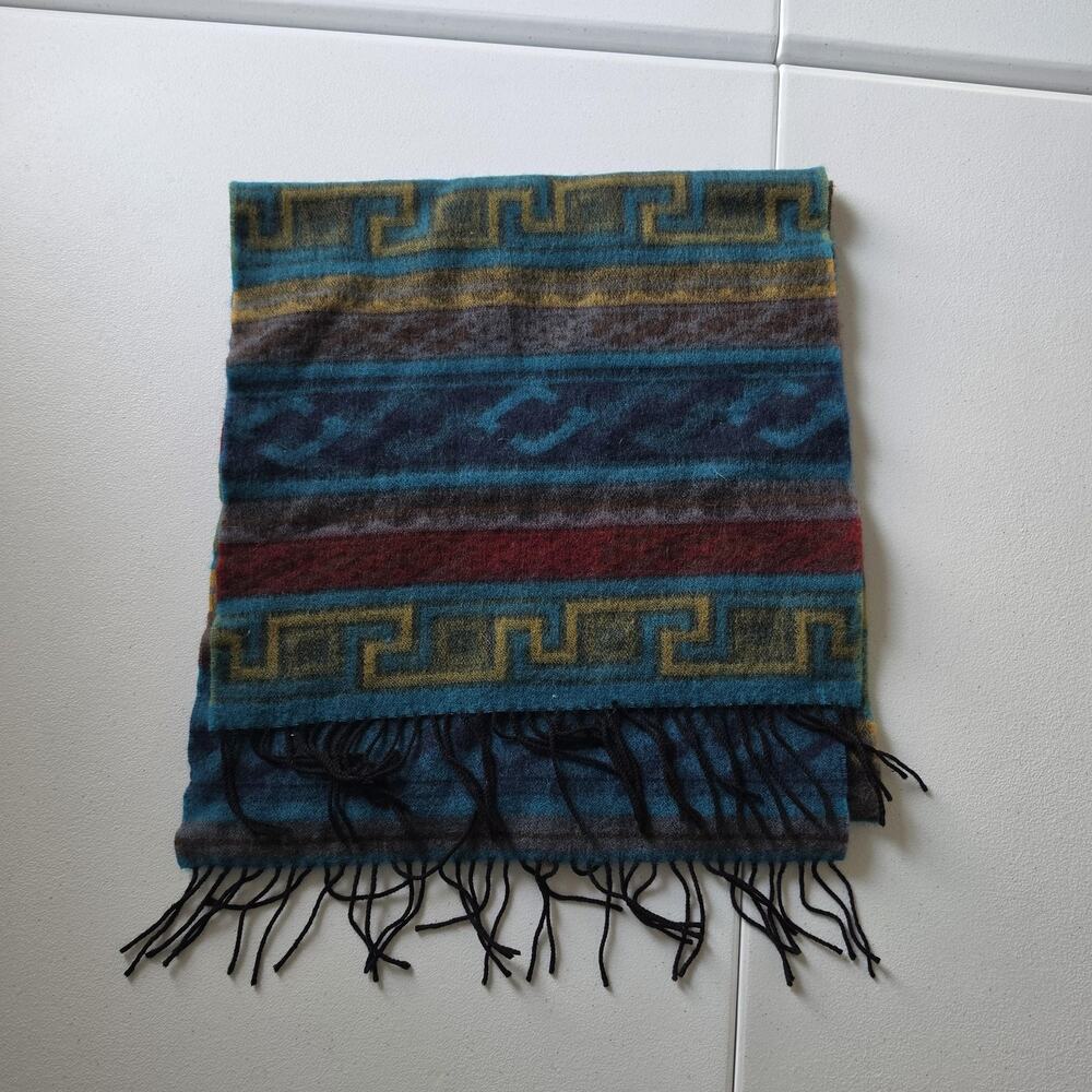 Geometric Merino Wool Scarf Mens One Size Multicolor Fringe Made In Germany